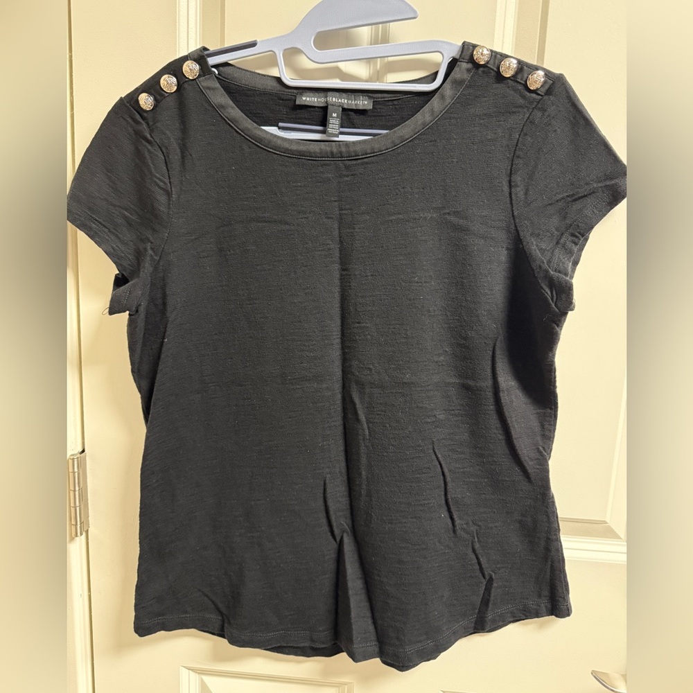 WHBM Black Short Sleeve Top with Button Detail, M